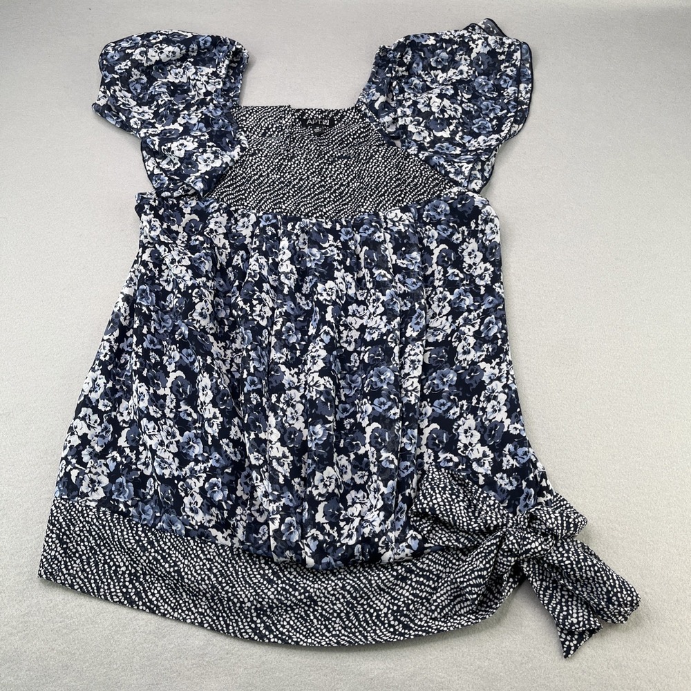 Apt 9 Womens Medium Blue/White Floral Cinch Ruffled Sleeve Blouse